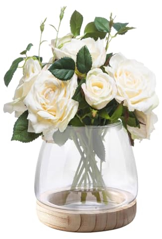 MININUSI Jarrón de Cristal Redondo 19.5 * 11cm Grande Jarrón de Vidrio Transparente con Base de Madera Jarrón para Centro de Mesa Comedor Jarrón de Vidrio Boca Ancha Jarrón Decorativo para Orquidea