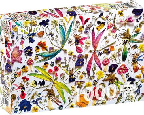 1000 Pieces Jigsaw Puzzle – Matte Finish, Soft Touch, Sturdy and Unique Pieces, Tight Fit, Vivid Colors, Missing Pieces Service – Fairies and Dragonflies in Fantasy Flower Collage – by ENJOY Puzzle