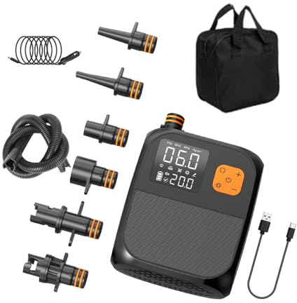 Kavolet 25 PSI Elektrische SUP Pumpe Paddle-Board-Pumpe, Hochdruck-Luftpumpe, 8000mAh Akku mit 6 Düsen und LED-Licht für Schlauchboot, Surfbrett, Stand-Up-Paddle-Board, Luftmatratze, Schwimmringe