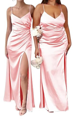Robe longue de demoiselle d'honneur en satin pour mariage avec bretelles spaghetti, Rose poudré., 58 plus