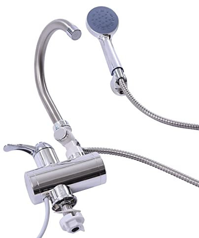 Chauffe-eau électrique instantané - Robinet avec douche - Chauffe-eau - Pour cuisine, jardin, salle de bain, caravane, camping, ménages - Argent