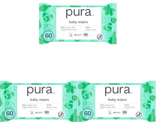 Pura Öko-Feuchttücher für empfindliche Babyhaut, 70 Tücher (1 Packung), 99% Wasser, 100% Plastikfrei, Biologisch Abbaubar, für Sensible, zu Ekzemen Neigende Haut, Neugeborene, Vegan (Packung mit 3)