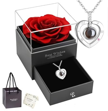 Sqxaldm Collier en Rose Éternelle pour Femme - Bijou avec Fleur Conservée Artisanale en Boîte Cadeau - Idée Cadeau Saint-Valentin, Anniversaire, Mariage, Mère