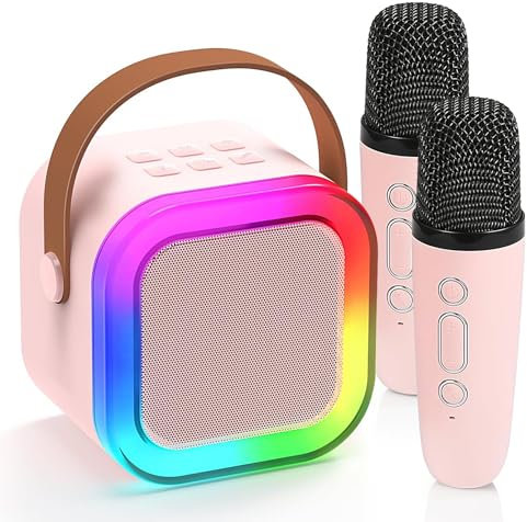 JIMACRO Mini Machines Karaoke with 2 Wireless Microphones, Karaoke Machine with LED Lights Bluetooth Speaker and Microphone Set for Kids Adults (Pink)