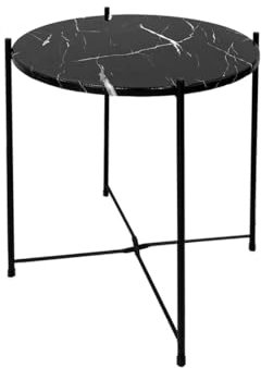 Acomoda Textil – Mesa Auxiliar Plegable de Metal para Recibidor, Salón y Oficina. Mesita de Café Redonda para Centro con Bandeja Extraíble Decorativa, Cómoda y Ligera 40x51 cm. (Marmol Negro)