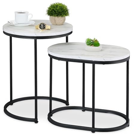 Relaxdays Satztisch, 2er Set, Beistelltisch rund & oval, Marmoroptik, Metallbeine, Wohnzimmer, Couchtisch, weiß/schwarz