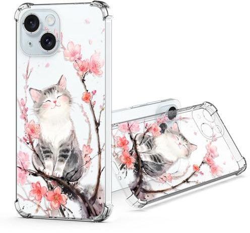 JRIANY für iPhone 15 Durchsichtig Hülle, Transparent Weich Dünn TPU Silikon Handyhülle mit Bunt Blumen Muster Motiv Stoßfest Kratzfest Kameraschutz Schutzhülle Slim Clear Klar Case Cover - Katze