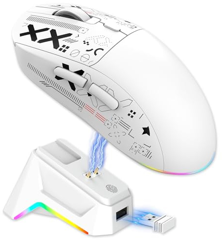 Plyisty Kabellose Gaming-Maus mit 3 Modi, RGB-Licht und Magnetischer Ladestation, 7 Programmierbaren Tasten, Optische Maus für PC und Laptop (White)