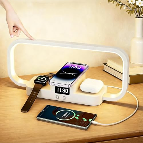 KZT Nachttischlampe mit Ladefunktion 4-in-1 Dimmbare Tischlampe mit Kabellosem Ladegerät & USB-Anschluss Modern Touch Control Nachtlicht für Schlafzimmer Wohnzimmer Büro, Weiße (Adapter Inklusive)