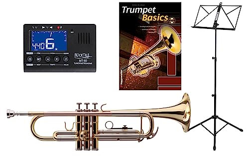 Classic Cantabile TR-39 Bb-Trompete SET (Mundstück, Koffer, Stimmgerät/Metronom, Notenständer, Trompetenschule) gold