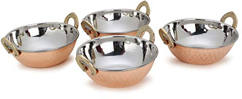 Zap Impex - Juego de 4 cuencos indios de cobre martillado, acero inoxidable, platos indios y curry pequeño (15 cm)