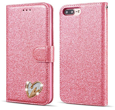 QLTYPRI Wallet Case for iPhone 7 Plus 8 Plus, Glitter PU Leather Case TPU Bumper Card Holder Kickstand [Wrist Strap] [Inlaid Heart Diamond] Flip Folio Case Cover - Pink