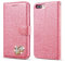 QLTYPRI Wallet Case for iPhone 7 Plus 8 Plus, Glitter PU Leather Case TPU Bumper Card Holder Kickstand [Wrist Strap] [Inlaid Heart Diamond] Flip Folio Case Cover - Pink