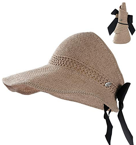 Strohhut für Damen, Sonnenblende, faltbar, Stroh-Bk-Khiki