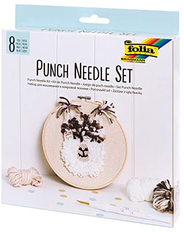 folia 23411 - Punch Needle Set mit flauschigem Alpaka Motiv, 8 teiliges Komplettset mit Stickrahmen, Mönchsstoff, Punchnadel, Einfädelhilfe und Wolle