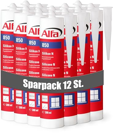 12x Alfa Silikon Manhattan Bausilikon zum Kleben und Abdichten Fugendichtstoff UV- und witterungsbeständiger Qualitäts-Dichtstoff