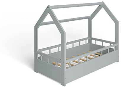 ms factory Hausbett Kinderbett 70x140 cm mit Rausfallschutz und Lattenrost - Einzelbett aus Kiefernholz für Mädchen und Junge - Grau