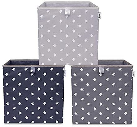 LIFENEY Aufbewahrungsbox 3er Set Sternenmotiv in Grau, Anthrazit & Dunkelgrau I Spielzeugbox mit Sternen passend für Würfelregale I Aufbewahrungskorb als Accessoire für dein Zuhause | 33x33x33 cm