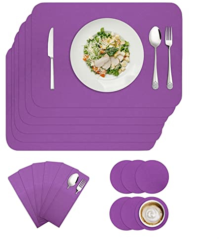 BESTORI Filz Tischset 6er Set, Waschbare Platzdeckchen Hitzebeständig Abwischbar Platzset mit Untersetzer und Bestecktaschen Violett 30x40cm