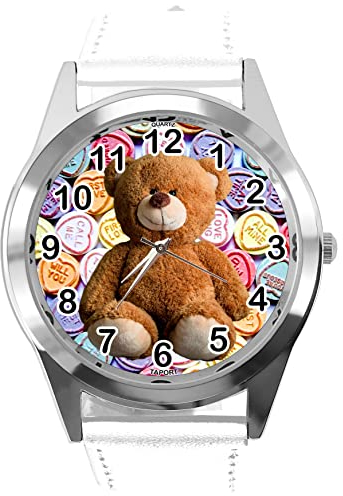 TAPORT® Weiße Leder-Quarzuhr für Teddybär-Fans, rund, e2, weiß, Armband