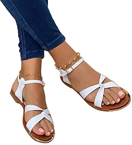 ORANDESIGNE Sandales Femmes Plates Chaussures Été Tongs à Talons Plats Claquettes Nu Pieds Semelle Plates Confortable Bout Ouvert pour Filles G Blanc 36 EU