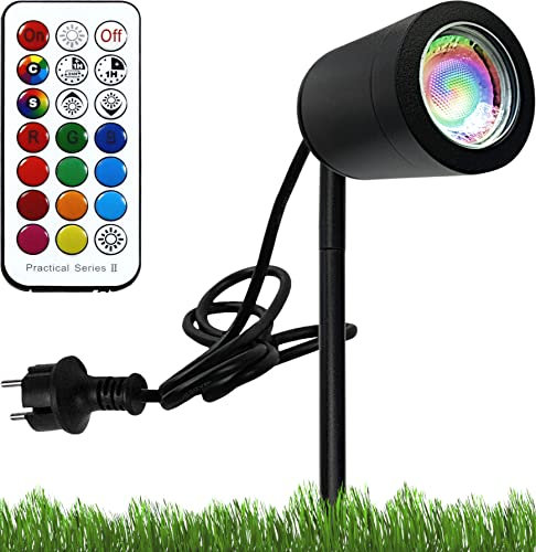 LEDFULL® LED Gartenstrahler mit Erdspieß RGB Farbwechsel - IP67 Wetterfest inkl. 5W Warmweiß GU10 Spot dimmbar mit Fernbedienung/Schwarze Gartenleuchte für Außen