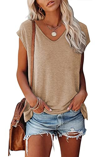 FANGJIN Women's T-Shirts Summer Party V Neck Casual Cap Sleeve Plain Tops Ladies Retro Lounge Wear T Shirt Womens Comfy Tunic Short Sleeve T-Shirt Khaki Size XL