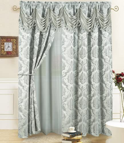 Tende per finestre in jacquard per soggiorno e camera da letto, 137 x 213 cm (larghezza x lunghezza), set di 2 pannelli con mantovana attaccata, supporto e 2 fermatende, design lungo, fantasia