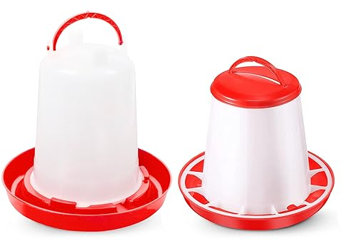 Anjing 1.5L Hühnertränke und 1L Futterspender, Küken Futterautomat und Tränke Set, hühnertränke hängend, Automatische Wassertränke, Geflügeltränke,Rot und Weiß