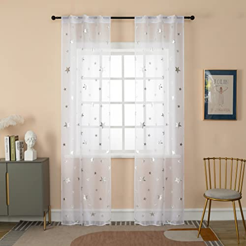 GIRASOLE HOME® 1 Paar Voile Filtervorhänge Muster Sterne Silber Vorhang Weiß für Innenbereich mit Tasche und versteckten Schlaufen 2 Paneele (Sterne Silber, 70 x 235 cm)