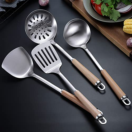 Lot de 4 ustensiles de cuisine en acier inoxydable 304, spatule, louche, passoire et spatule avec long manche en bois résistant à la chaleur. (4 poignées rondes)