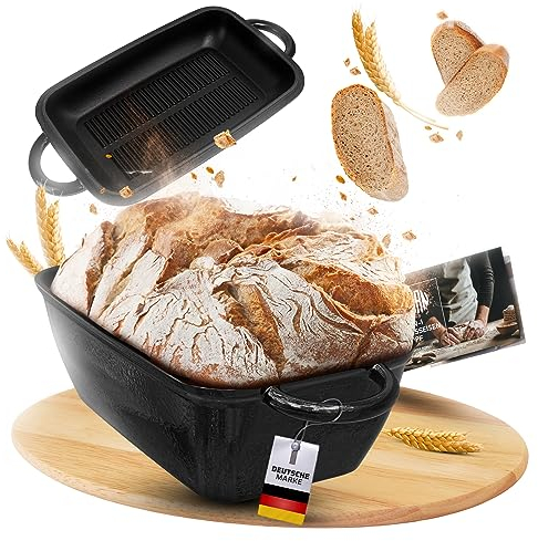 Der neue Gusseisen Topf zum Brot Backen von WARANO - 2 IN 1 Emaille Bräter mit Deckel für perfekte Kruste - 28cm - backofengeeignet - Brotbackform, Brotbacktopf, Brot Backen, mit Rezeptbuch (Schwarz)