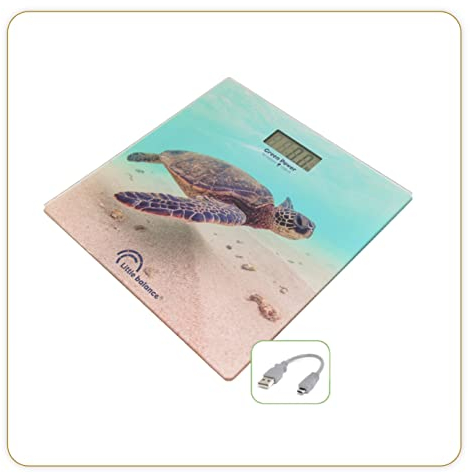 LITTLE BALANCE Green Planet USB-R, Personenwaage ohne Batterie, wiederaufladbar, USB, reparierbar, 180 kg, Green Planet Schildkröte Design