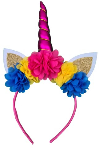 Einhorn Haarreif mit Blumen, Ohren und Einhorn Horn für Mädchen Erwachsene Damen 1Stk Unicorn Deko Stirnband Kinder Haarschmuck für Geburtstag Party Halloween Karneval Weihnachten Cosplay (Dunkelpink)