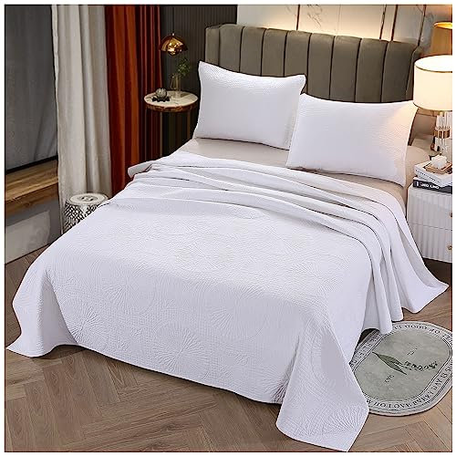ZTGL Tagesdecke Weiß aus Baumwolle Doppelbett Gesteppte Sommerdecke mit Kissen Set Bettüberwurf mit Stickerei Muster, Wohndecke Ganzjährig,223x234cm