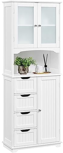 Yaheetech Armario de Baño de Almacenamiento Alto con 4 Cajones Armario con 2 Puertas de Vidrio Estante Ajustable Aparador de Cocina Blanca 60×30×165,5 cm