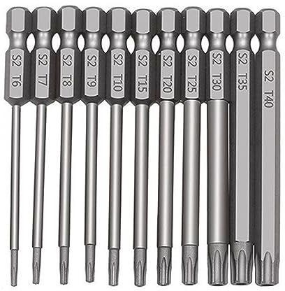 TUAKIMCE 11 Stück Torx Schraubendreher Bit Set 75mm Lang T6-T40 1/4 Magnetisch Sternenkopf Schraubenzieher Sechskant Schaft Elektrische Schraubendreher Bit