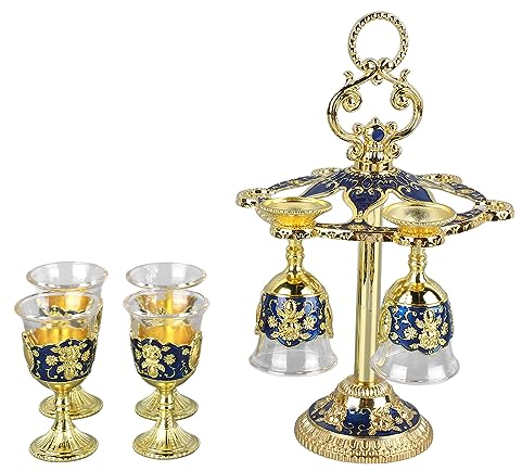 Gobelet de Calice Vintage, 6pcs Ornements Rétro de Gobelet doré Européen de Haute qualité de Calice Chinois avec Support de Calice (Or et bleu)