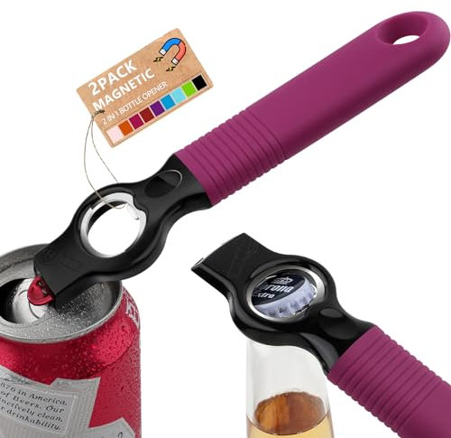 DUNLAGUE 2 in 1 Magnetic Soda Can Tab Opener and Beer Bottle Opener Stick to Fridge, 6.9 Bottle Opener for Long Nails, Arthritis, Seniors and Bartender, Good Grip Silicone Handle - 2Pack (Rosy)