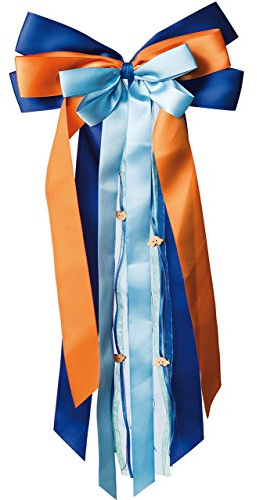 alles-meine.de GmbH große 3-D Schleife - 24 cm breit u. 47 cm lang - blau & orange - Auto - Geschenkschleife/Geschenkband mit edlen Satin Bändern, Tüll & Bastband - für Ges..