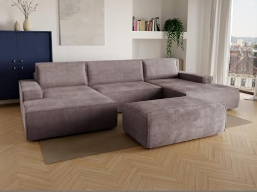 Vente-unique-Große Wohnlandschaft mit Schlaffunktion - Cord - Malve - Amelia