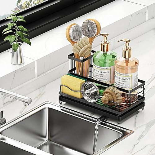 Sink Caddy Kitchen Sink Organizer, 304 Stainless Steel Sponge & Brush Holder, Countertop Dish Soap Dispenser with Auto Drip Tray