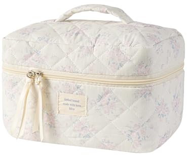 QLoztyse Beauty case in cotone trapuntato, con motivo floreale blu, grande astuccio estetico con scomparti, per donne e ragazze, organizer per pennelli da toilette, Rosa, Large, Leggero