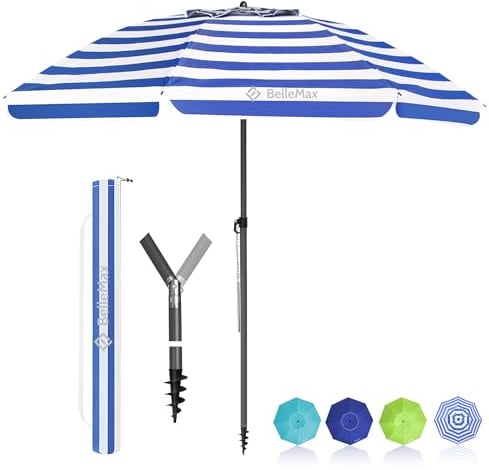 BelleMax Sonnenschirm Strand Windfest Stabil 180 cm Blaue weiße Streifen Sonnenschirm mit Schutzhülle & Bodenhülse 30° knickbar Sonnenschirm klein Rund Strandschirm Gartenschirm Sonnenschutz UV50+