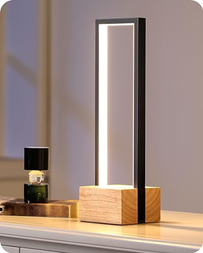 EDISHINE Touch Bedside Lamp, Dimmable LED Table Lamp 3 Colour Temperatures, Modern Square Small Lamp for Bedroom Living Room, Wooden Base, Black Aluminum Frame