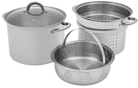 Vaporera de acero inoxidable, 24 cm, olla de vapor, para gastronomía, olla de sopa, olla de inducción con tapa de cristal y cesta para escurrir, para maíz, albóndigas, panecillos, pescado