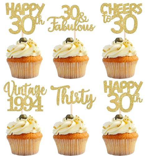 30 Stück Vintage 1995 Cupcake Toppers Glitzer Happy 30th Geburtstag Tortendeko Cheers to 30 Fabulous Thirty Kuchen Deko für 30th Geburtstag Hochzeit Jahrestag Party Gold