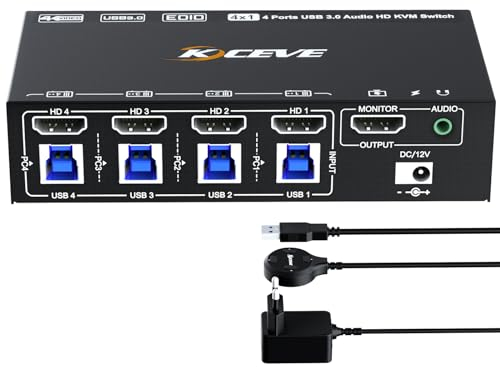 YOUTINGHDAV Switch KVM HDMI 4 porte, Switch KVM USB 3.0 4 computer 1 monitor 8K 60 Hz, emulatore EDID, Switch KVM 4K 120 Hz Switch KVM HDMI a 4 porte, Switch KVM 4 PC Condividi Mouse Tastiera