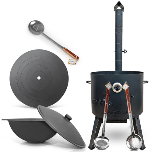 Utschak Uchag Feuerofen Ø 49 cm 2 mm Stahl Herdplatte 4mm Kazan 22 L flacher Boden mit Thermometer Schaumlöffel für Plov Учак Учаг Uchag Asia казан (Set 535)
