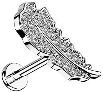 Treuheld® Labret Piercing mit Kristall Feder | 2 Größen | 3 Farben [1.] - silber - 1.2mm x 6mm